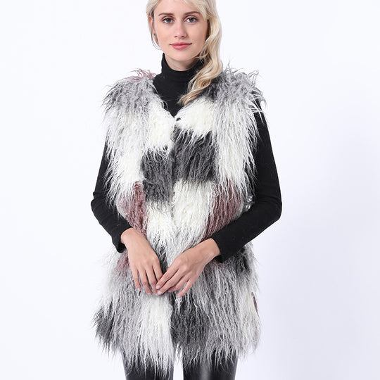 Damen Flauschige Kunstpelz-Weste im Patchwork-Design EB