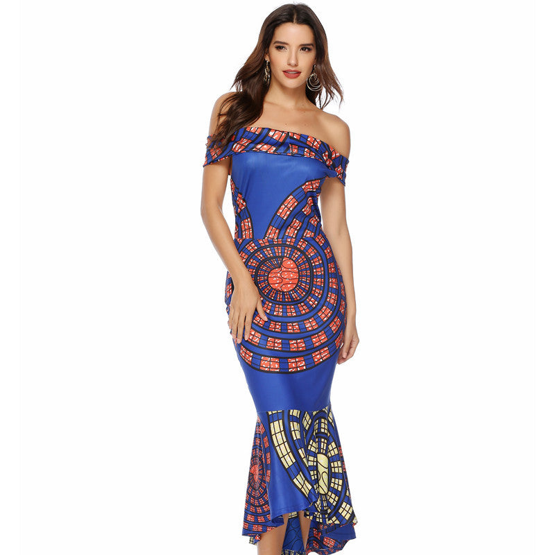 Damen Off-Shoulder Maxikleid mit einzigartigem Muster und asymmetrischem Saum EB