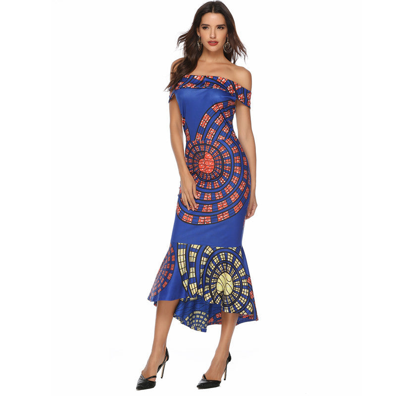 Damen Off-Shoulder Maxikleid mit einzigartigem Muster und asymmetrischem Saum EB