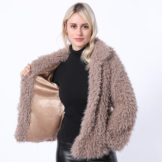 Damen Modischer Kunstpelzjacke mit elegantem Kragen und seitlichen Taschen EB