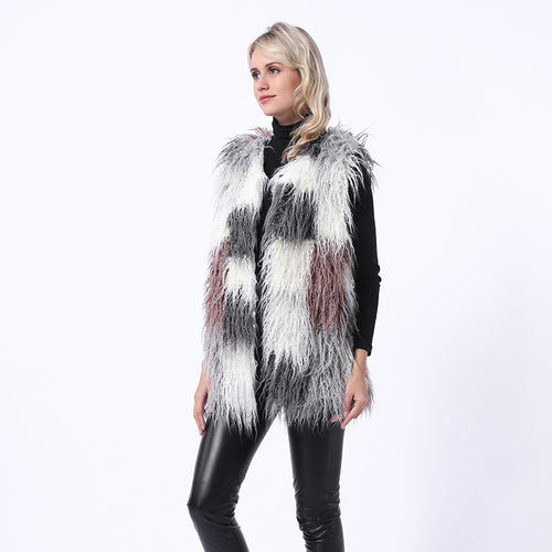 Damen Flauschige Kunstpelz-Weste im Patchwork-Design EB
