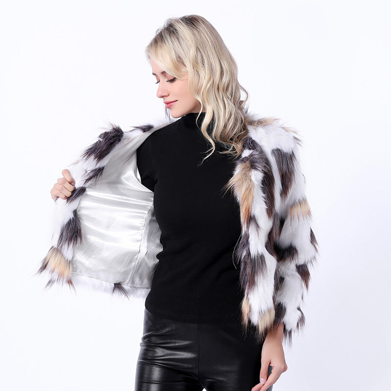 Damen Modische Kunstpelzjacke mit auffälligem Muster und voluminösen Ärmeln EB