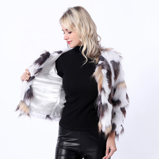 Damen Modische Kunstpelzjacke mit auffälligem Muster und voluminösen Ärmeln EB