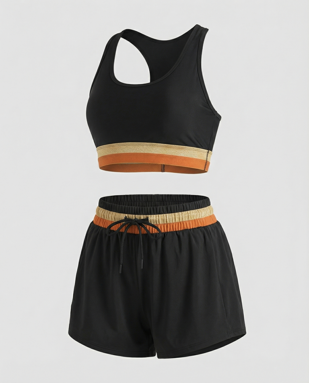 EB | Schwarzes Colorblock Reißverschluss Rücken Sport Bikini-Oberteil mit Boyshort-Set