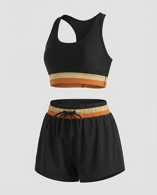 EB | Schwarzes Colorblock Reißverschluss Rücken Sport Bikini-Oberteil mit Boyshort-Set
