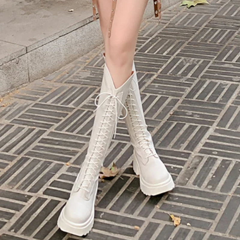EB | Hohe Stiefel Damenstiefel mit Schnürung und Robuster Ferse