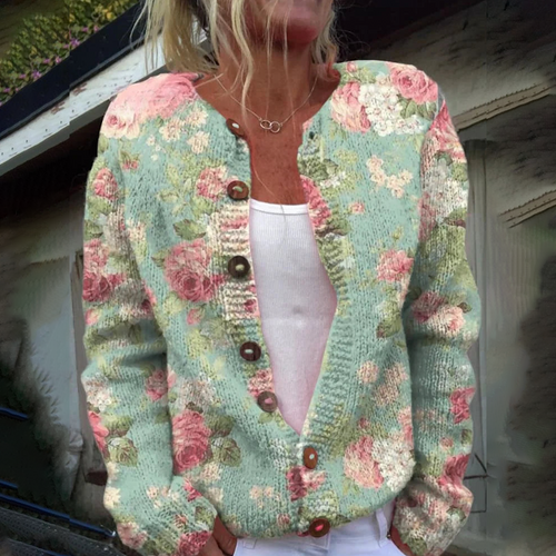EB | Stylische Strickjacke Ohne Kragen Mit Langen Ärmeln Und Blumendruck