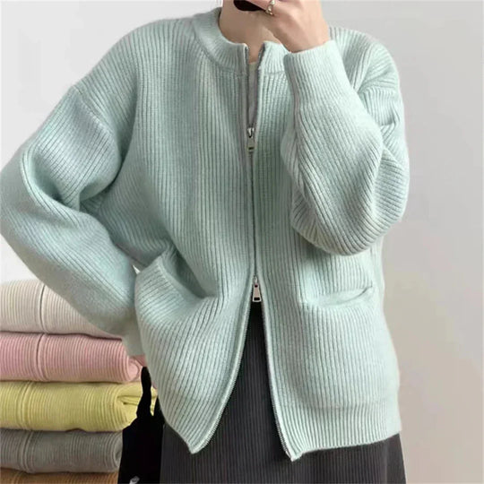 EB | Strickjacke Gerippte Textur Reißverschluss Oversized Passform mit Taschen