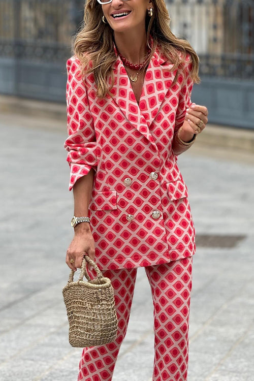 EB | Rosiedress Geometrischer Druck Revers Doppelt Knopf Blazer und Flare-Hosen Set