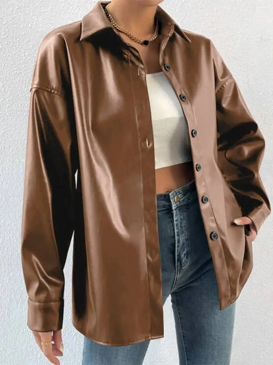 EB | Vintage Leder Bomberjacke mit Reverskragen und Knopfverschluss