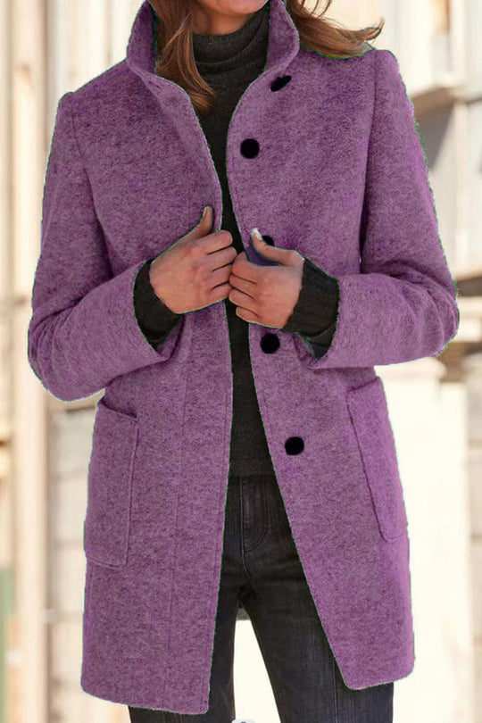 EB | Unifarbene Knopf Stehkragen Wolljacke
