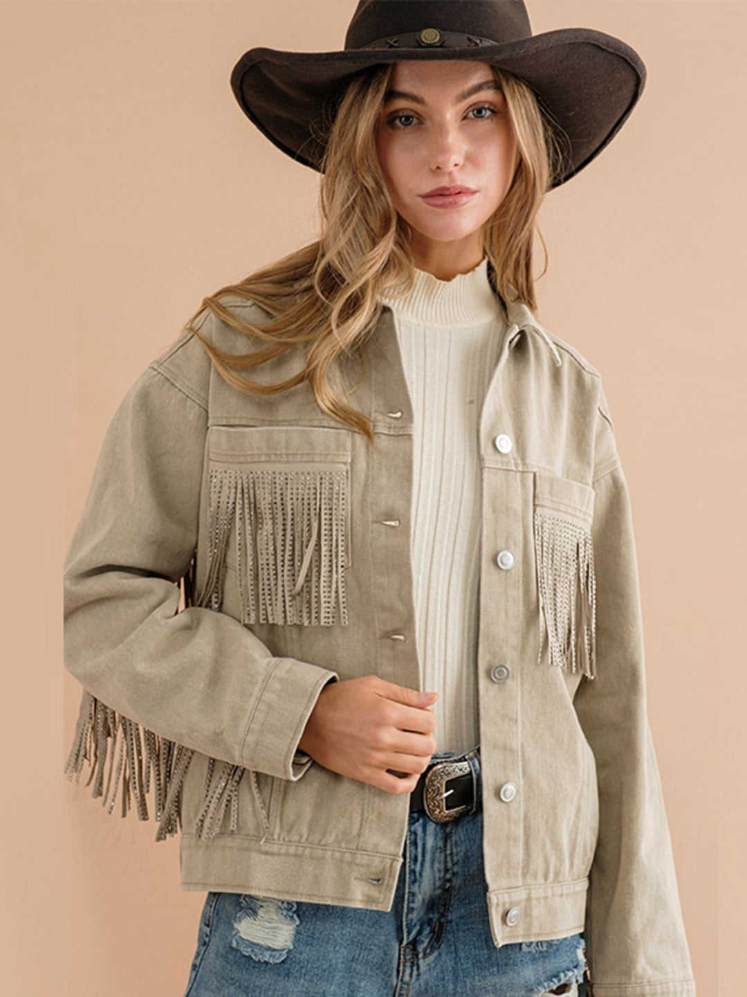 EB | Fransen-Detail Gefallene Schulter Denimjacke