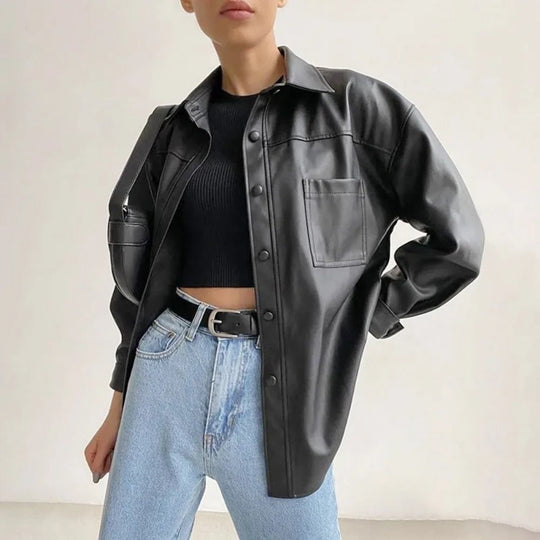 EB | Vintage Leder Bomberjacke mit Reverskragen und Knopfverschluss
