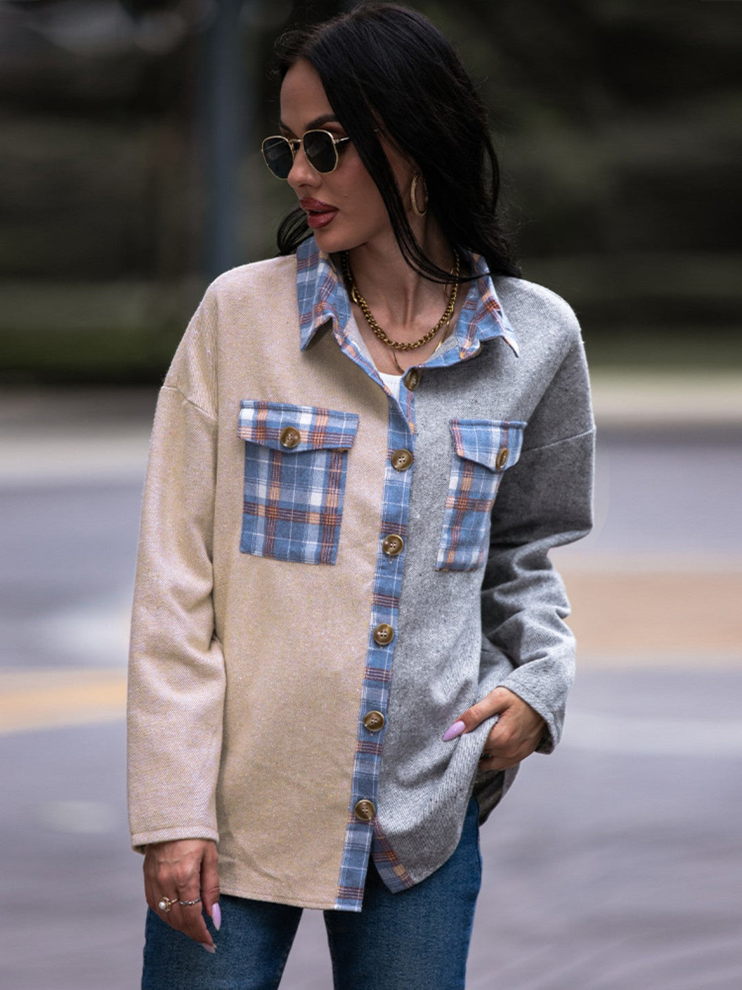 EB | Karo Kontrast Drop Shoulder Shacket