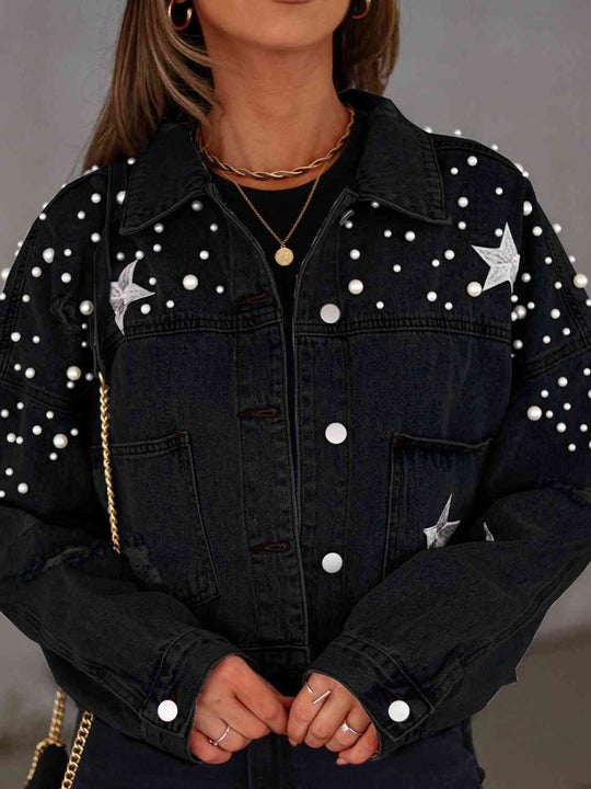 EB | Perlenbesatz Knopf-Down Denimjacke mit Taschen