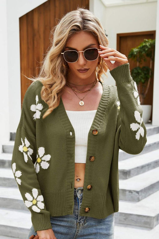 EB | Floral Ribbed Trim Drop Shoulder Cardigan