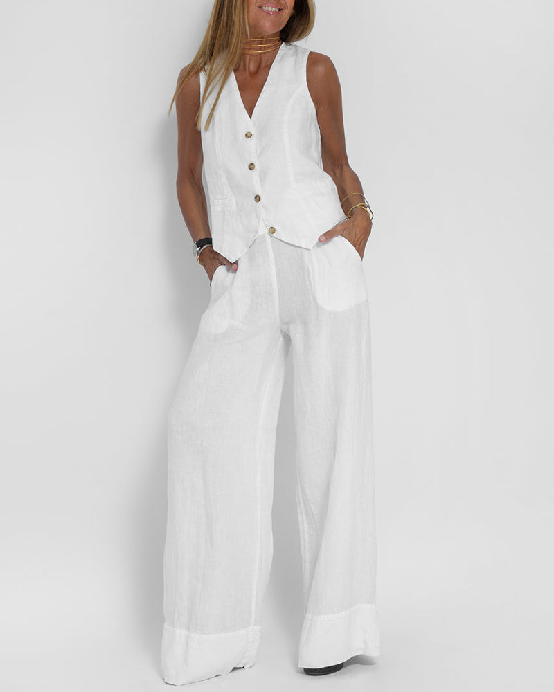 EB | Elegantes 2-Teiliges Set Leinen Weite Hose & Weste
