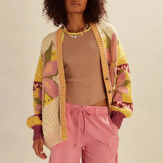 EB | florale Strickjacke mit weitem Schnitt und langen Ärmeln