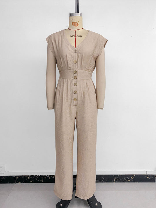 EB | V-Ausschnitt einfarbiger elastischer Overall mit hoher Taille und weitem Bein
