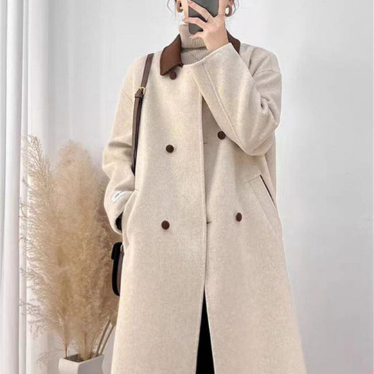 EB | Wollmischung Lange Jacke mit Braunem Kragen für Damen