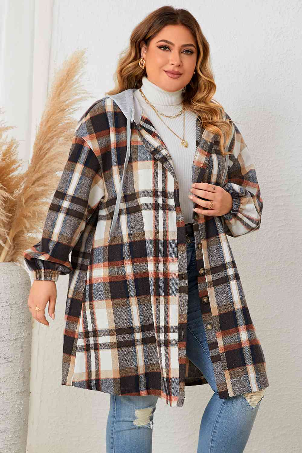 EB | Plus Size Karo Drop-Shoulder Kapuzenmantel