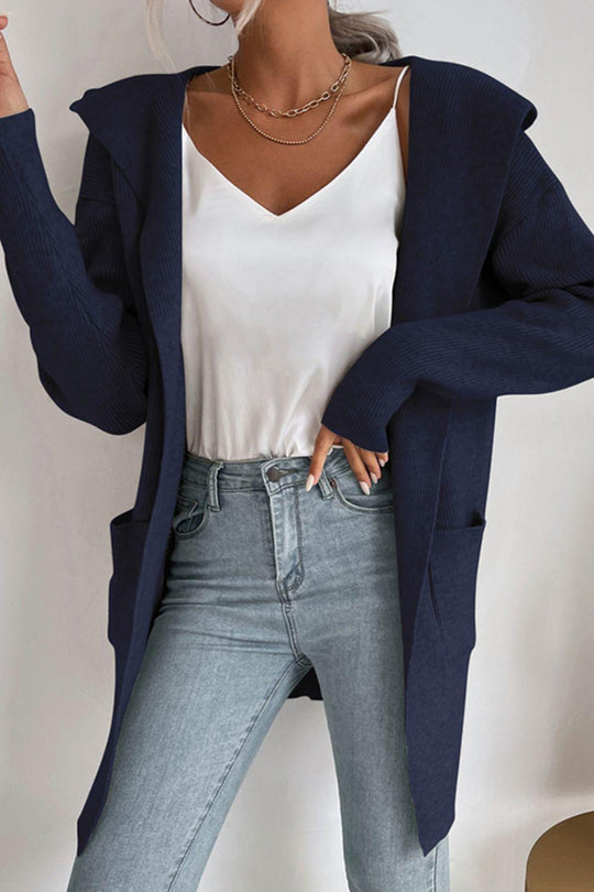EB | geripptes offen-front Cardigan mit Kapuze und Taschen
