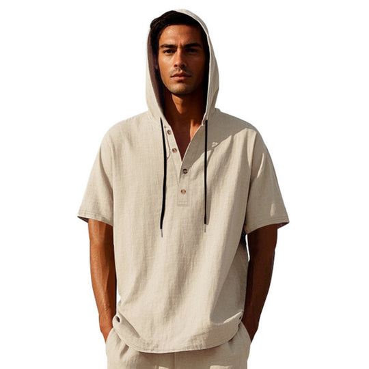 EB | Leinen-Knopf-Strand-Kapuzen-Henley-Shirt