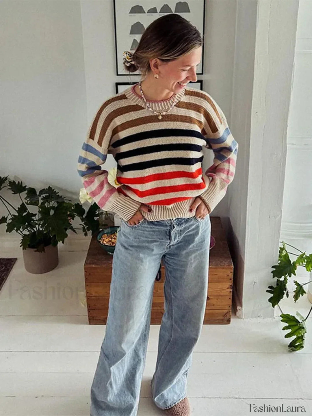 EB | Bunter Gestreifter Vintage Strickpullover mit Rundhalsausschnitt