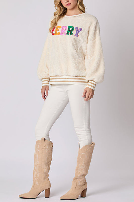 EB | Weihnachtsbuchstaben Strass Langarm Rundhalsausschnitt Sweatshirt