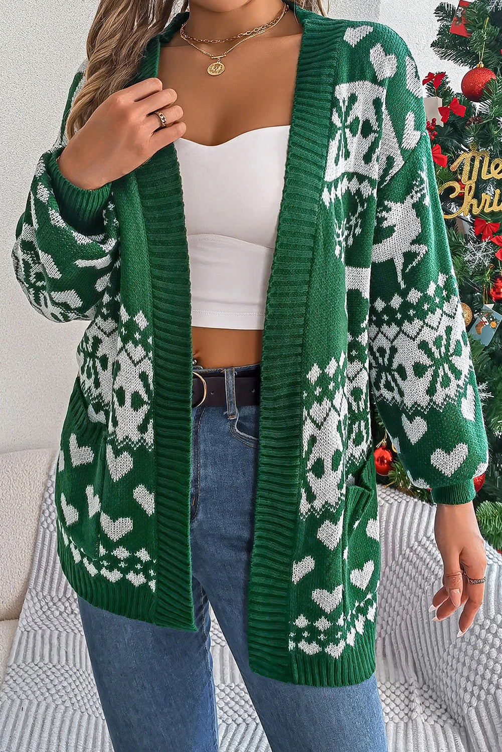 EB | Dunkelgrüner Weihnachts-Langarmcardigan