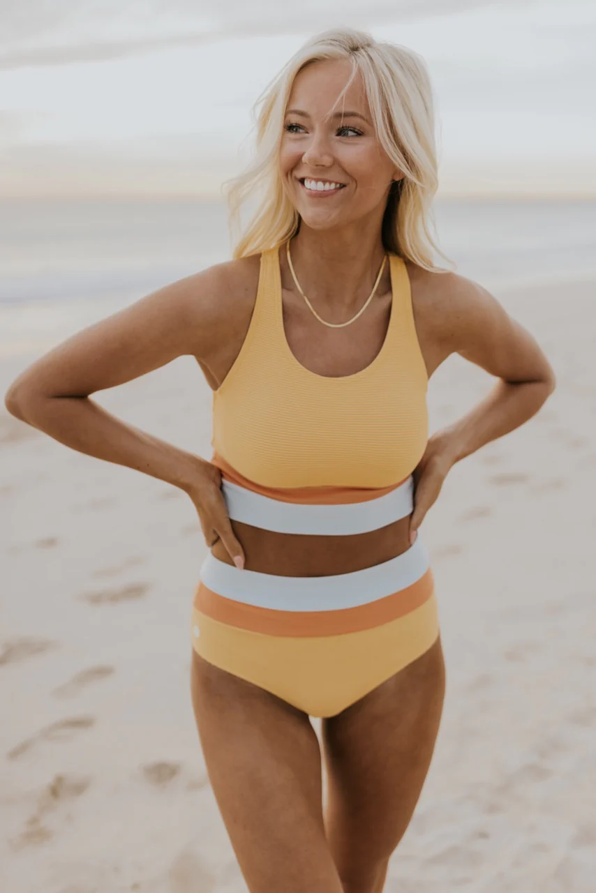 EB | High Waist Colorblock Marine Cut Back Crop Bikini Set
