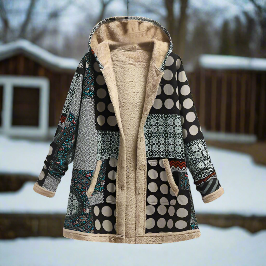 EB | Langer Patchwork-Mantel Gefüttert mit Fleece Kapuze & Knopfverschluss Lässiger Look