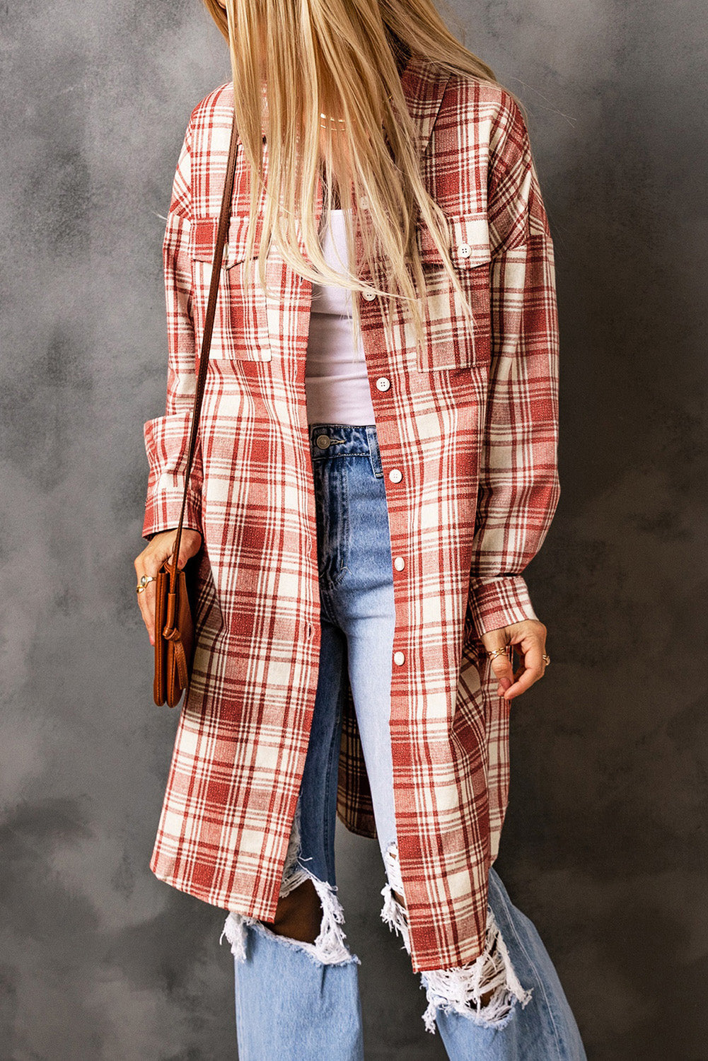 EB | Karierter Button-Up Longline Shacket mit Brusttaschen