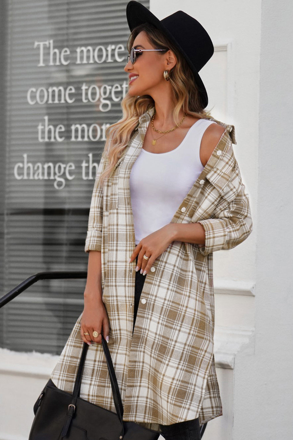 EB | Karierter Button-Up Longline Shacket mit Brusttaschen