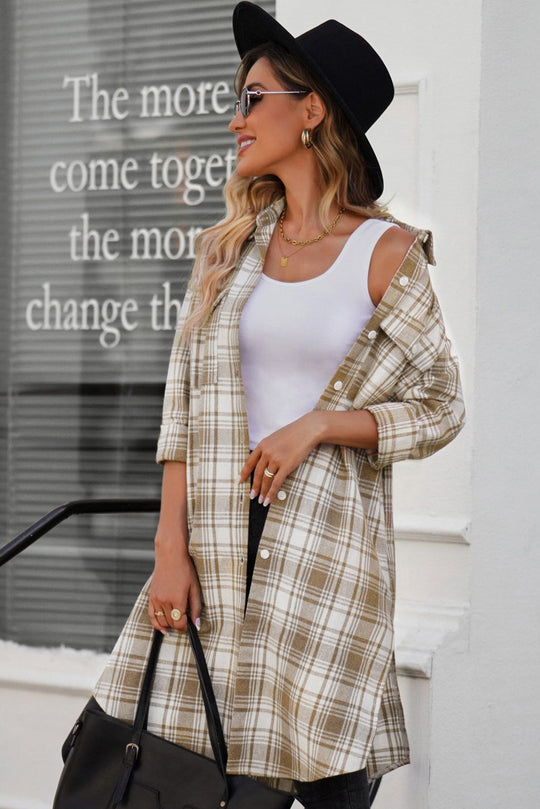 EB | Karierter Button-Up Longline Shacket mit Brusttaschen