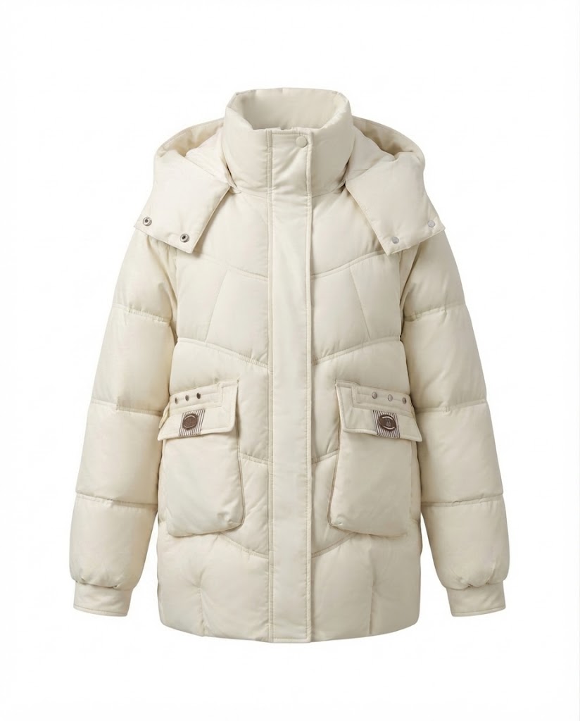 Damen nan mittel-langer wattierter Parka mit hoher Stehkragen-Blende, verstaubarer Kapuze und großen Cargo-Taschen EB