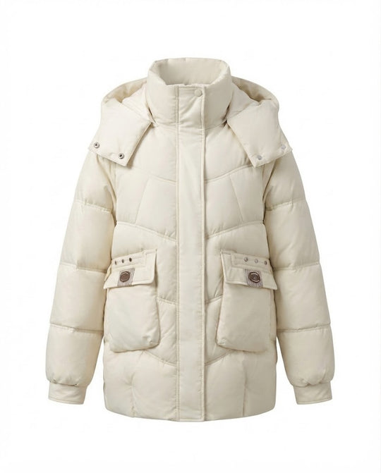 Damen nan mittel-langer wattierter Parka mit hoher Stehkragen-Blende, verstaubarer Kapuze und großen Cargo-Taschen EB