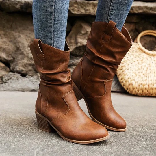EB | Retro Gefaltete Oberschenkel Dicke Absatz Spitz Zulaufende Stiefel