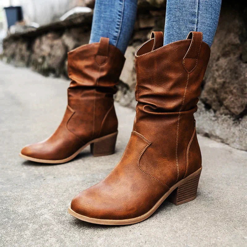 EB | Retro Gefaltete Oberschenkel Dicke Absatz Spitz Zulaufende Stiefel