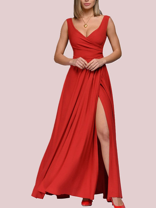 EB | Elegantes Maxi Kleid mit Tiefem V-Ausschnitt und Schlitz