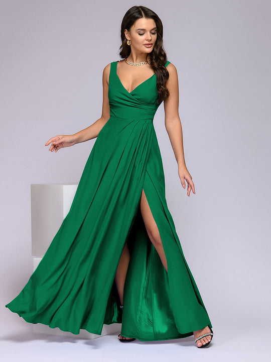 EB | Elegantes Maxi Kleid mit Tiefem V-Ausschnitt und Schlitz