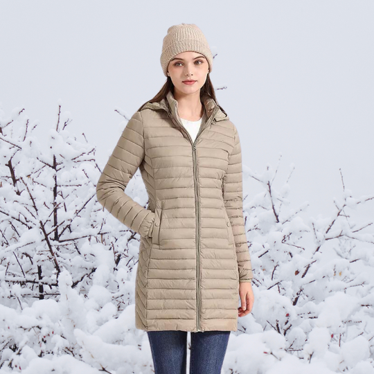 EB | Damen Lange Warme Gepolsterte Winterjacke mit Kapuze