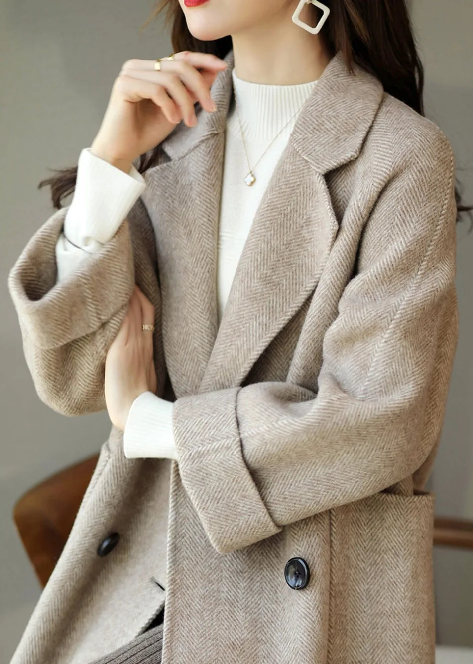 EB | Damen Wollmischung Trenchcoat mit doppelter Knopfleiste und Reverskragen