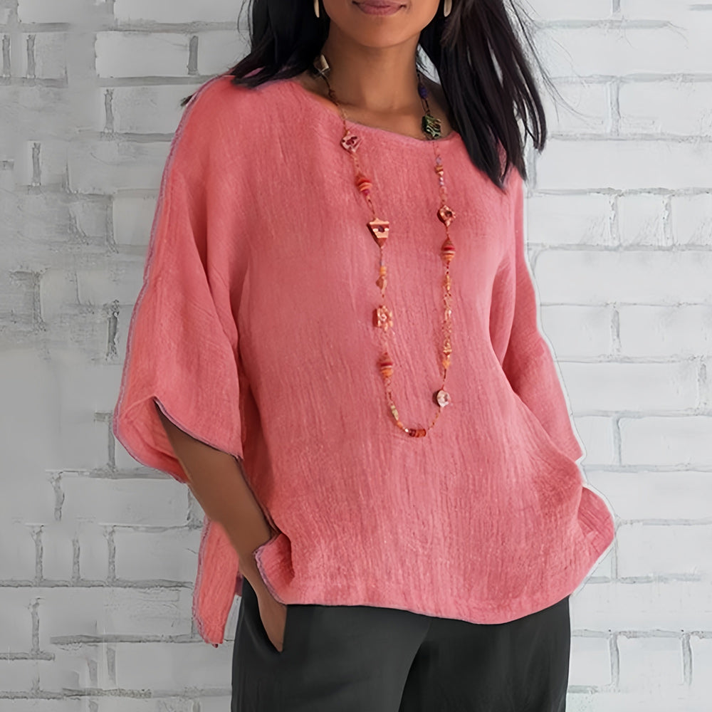 EB | Rosafarbenes, Lockeres Rundhals-Shirt mit 3/4-Ärmeln für Damen