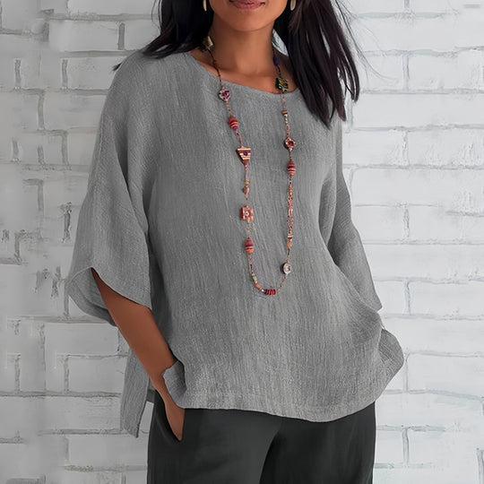 EB | Rosafarbenes, Lockeres Rundhals-Shirt mit 3/4-Ärmeln für Damen