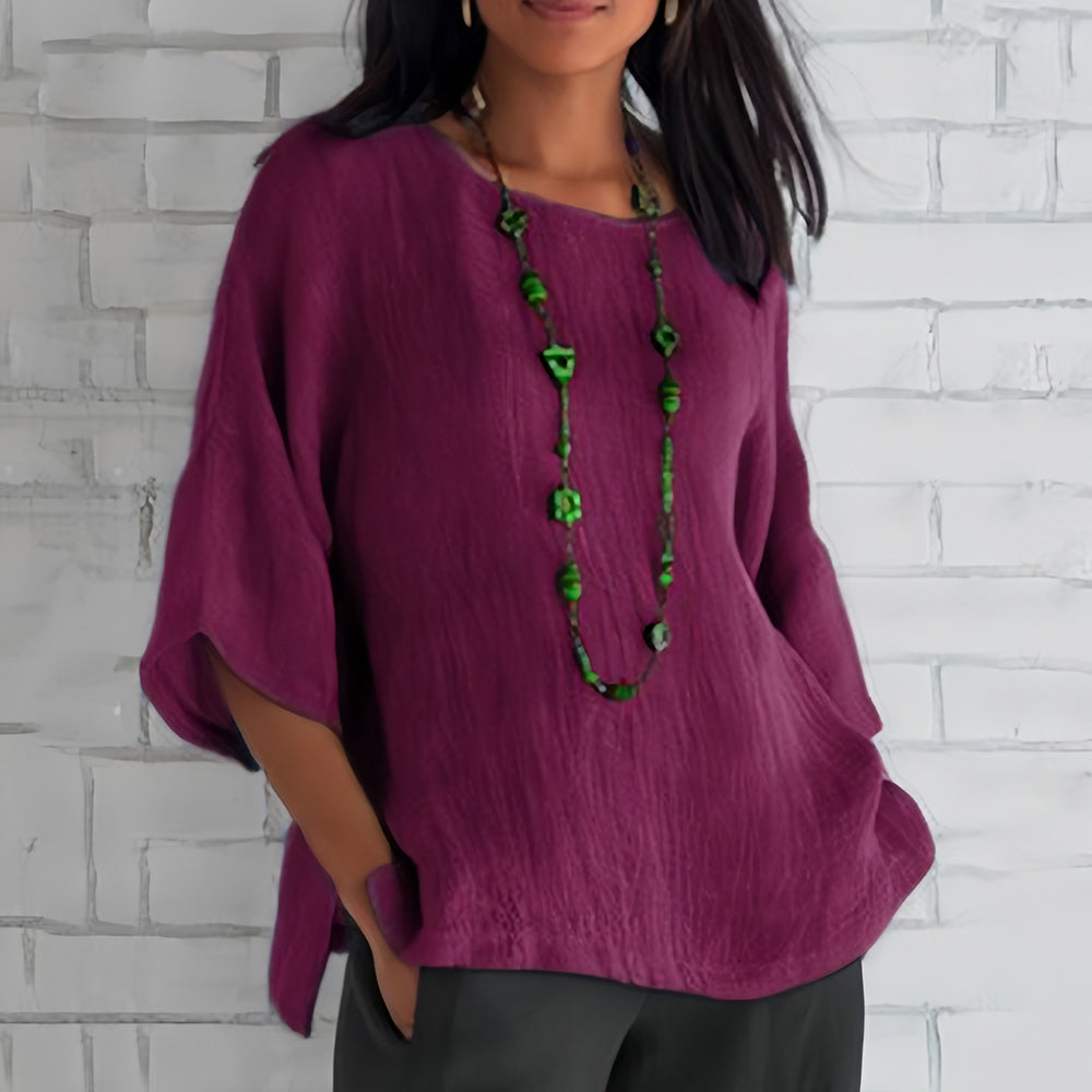 EB | Rosafarbenes, Lockeres Rundhals-Shirt mit 3/4-Ärmeln für Damen