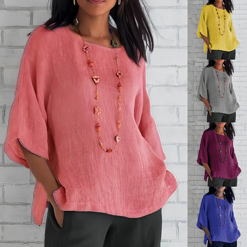 EB | Rosafarbenes, Lockeres Rundhals-Shirt mit 3/4-Ärmeln für Damen