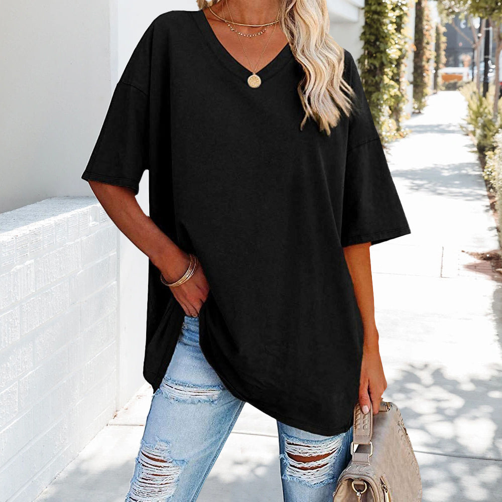 EB | Einfarbiges Neues Damen-T-Shirt Aus Baumwolle mit V-Ausschnitt