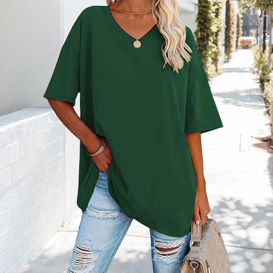 EB | Einfarbiges Neues Damen-T-Shirt Aus Baumwolle mit V-Ausschnitt