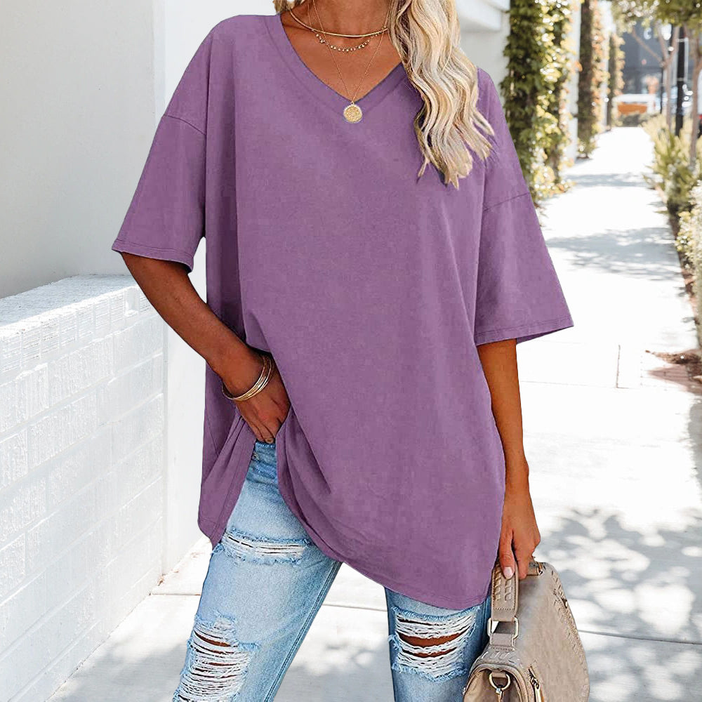 EB | Einfarbiges Neues Damen-T-Shirt Aus Baumwolle mit V-Ausschnitt